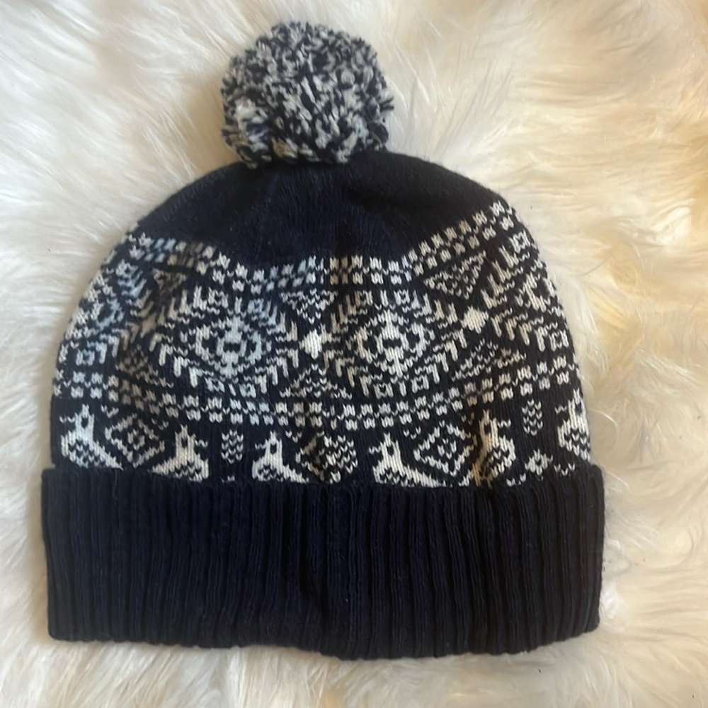 J. Crew Knit Hat with Pompom - navy Blue and white